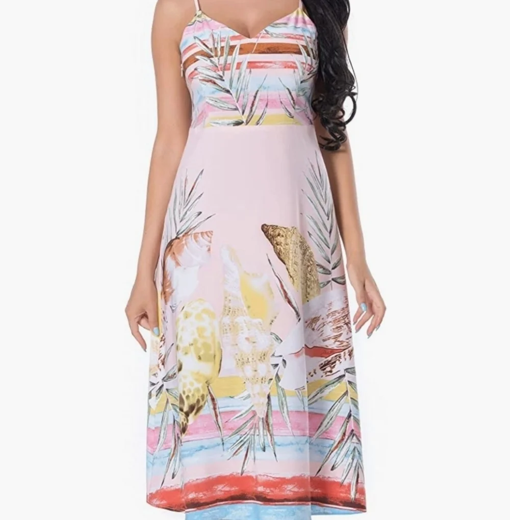 Dina Weis Floral Beachy Print Adjustable Strap Midi Dress Size L